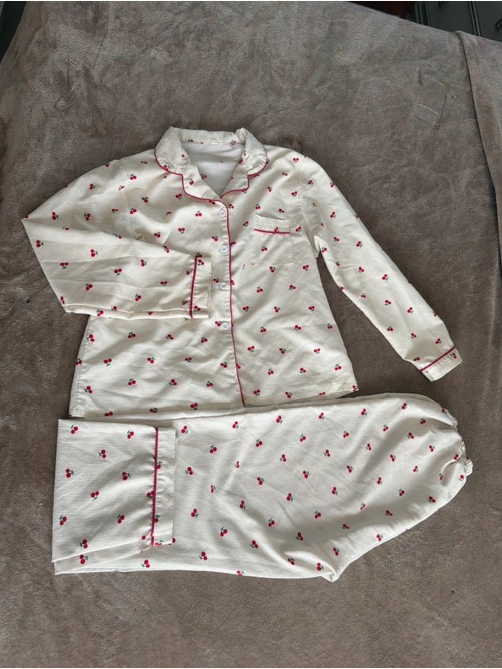 Women’s Cream Pajama Set with Red Cherry Trim